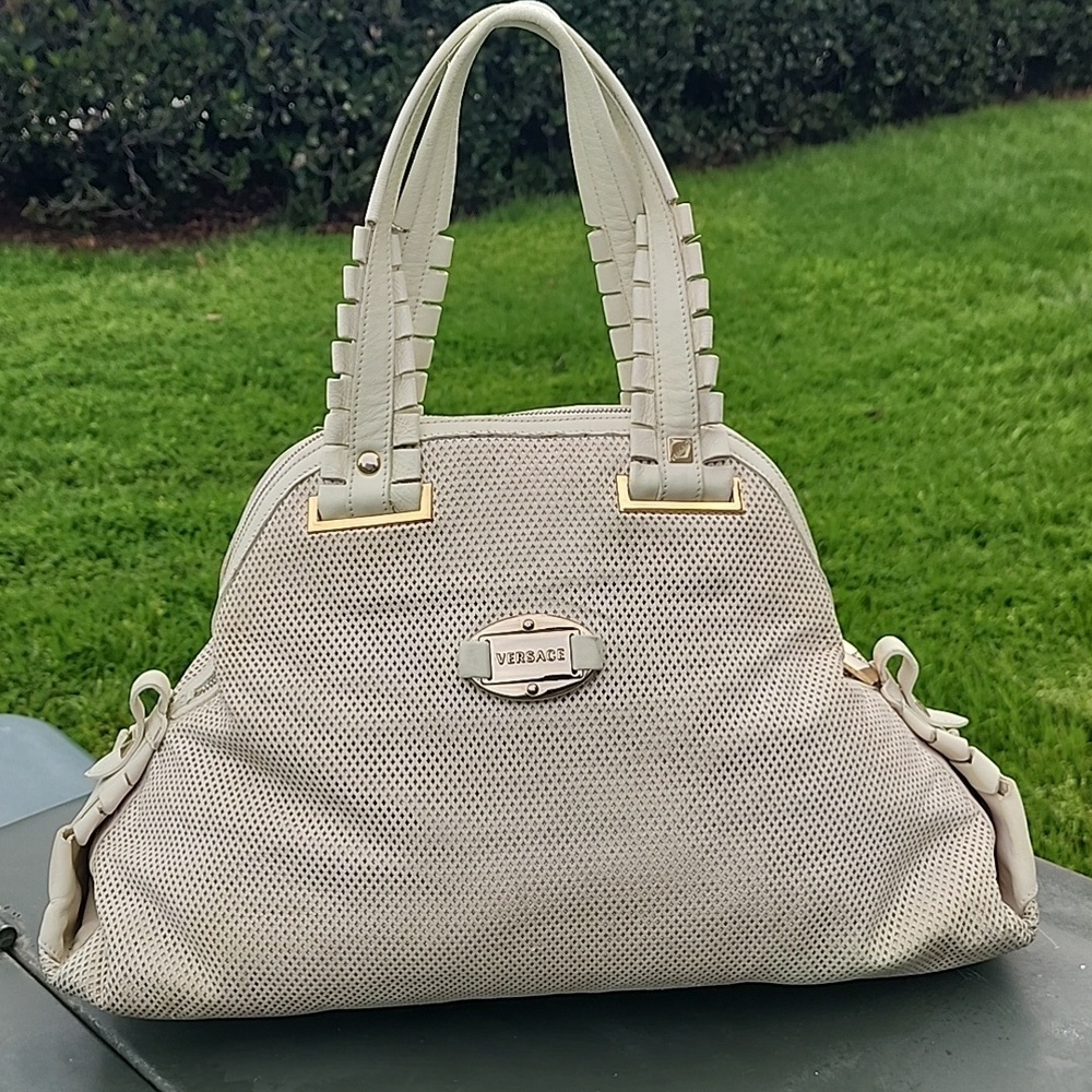 Versace Perforated Beige and Gold Leather Dome Shaped Satchel